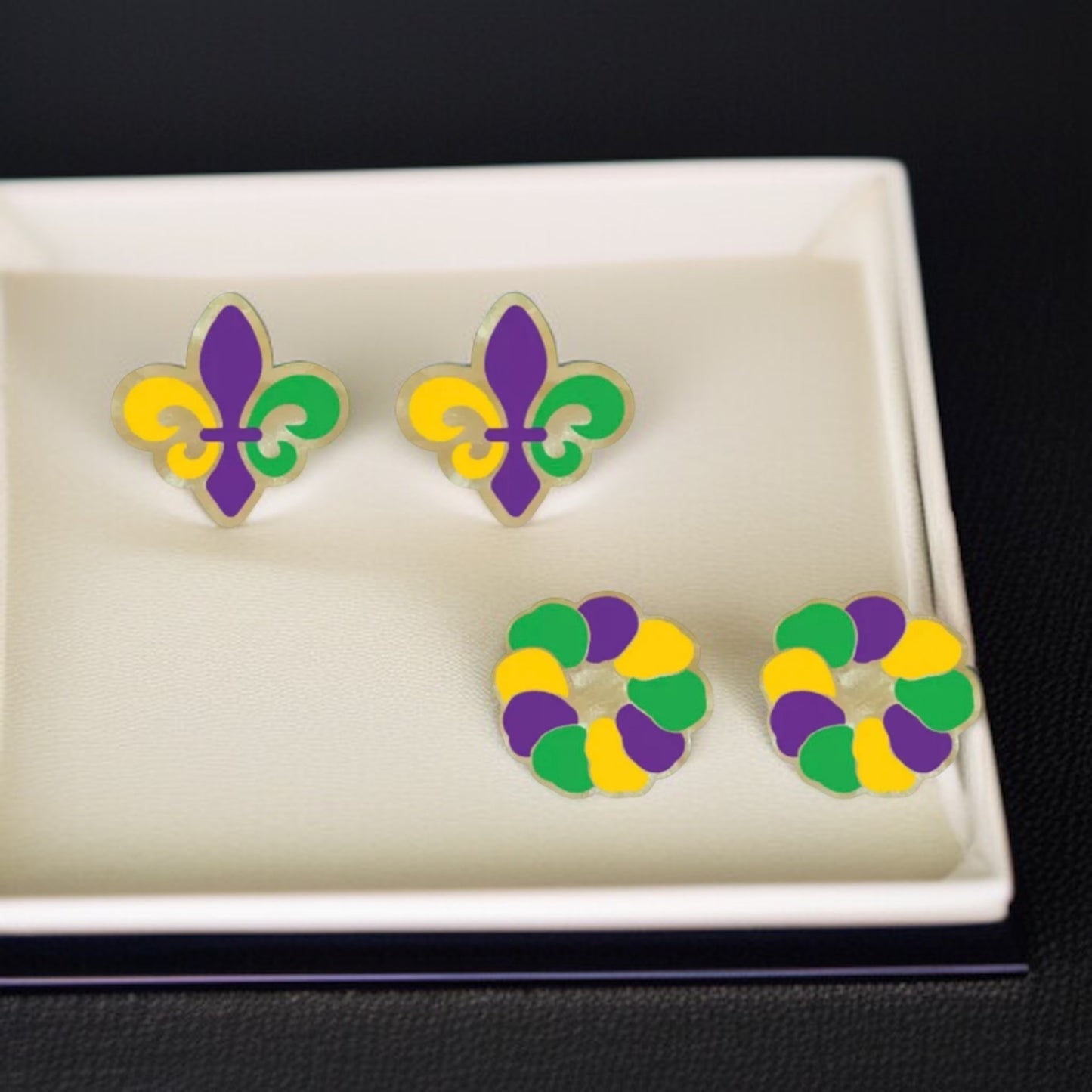 Celebrate in Style: Colorful Mardi Gras Stud Earrings - Fleur de Lis & Kingcake Designs!