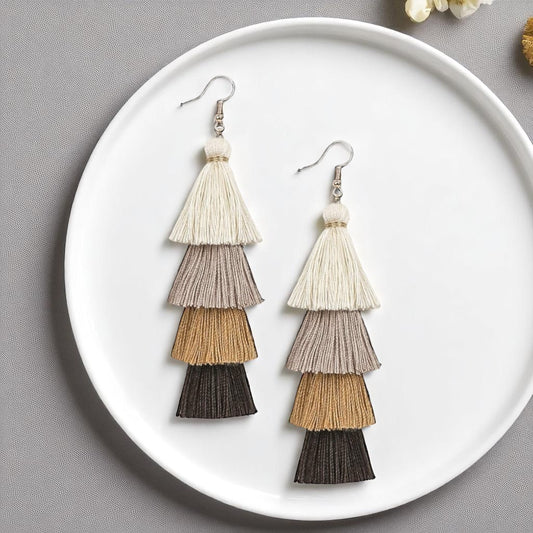 Boho Babe Alert! Tiered Tassel Earrings - Neutral Chic