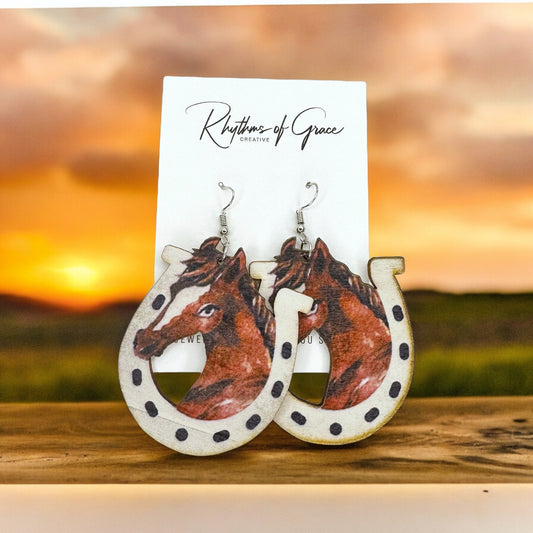 Rustic Chic: Wooden Horse & Horseshoe Dangle Earrings - Equestrian Elegance!