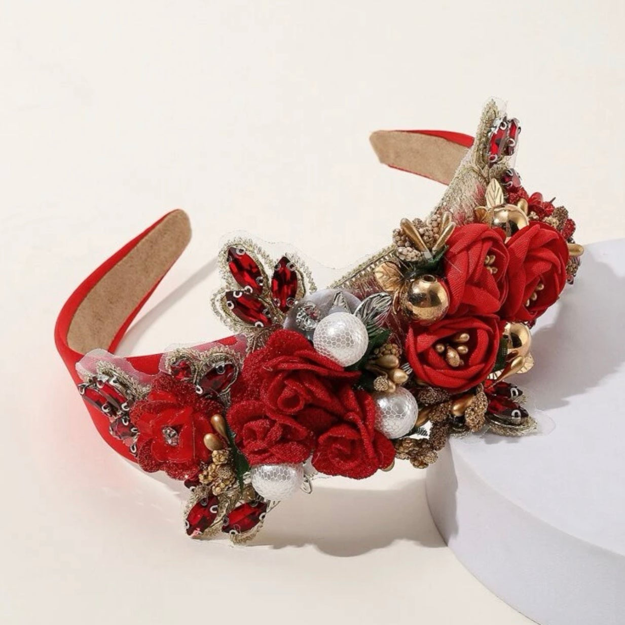 Festive Floral Headband - Handmade Headpiece, Rhinestone Headband, Holiday Headpiece, Beaded Headband - Rhythms of Grace Creative