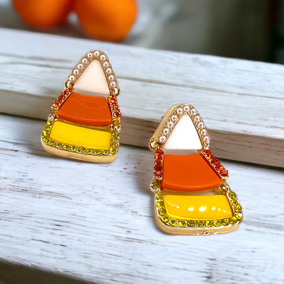 Candycorn Earrings - Halloween Earrings, Candy Earrings, Halloween Accessories, Halloween Earrings, Rhinestone Earrings, Halloween Accessories, Candy Corn - Rhythms of Grace Creative