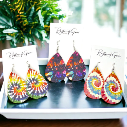 Vibrant Tie Dyed Teardrop Dangle Earrings: Boho Chic Rainbow Style! - Rhythms of Grace Creative