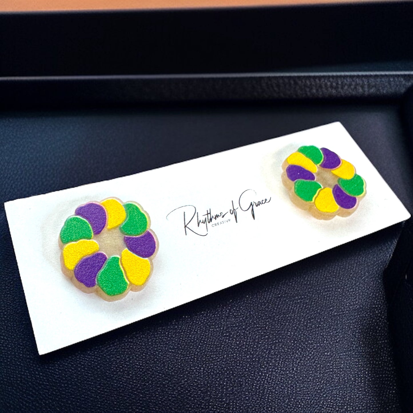 Celebrate in Style: Colorful Mardi Gras Stud Earrings - Fleur de Lis & Kingcake Designs!