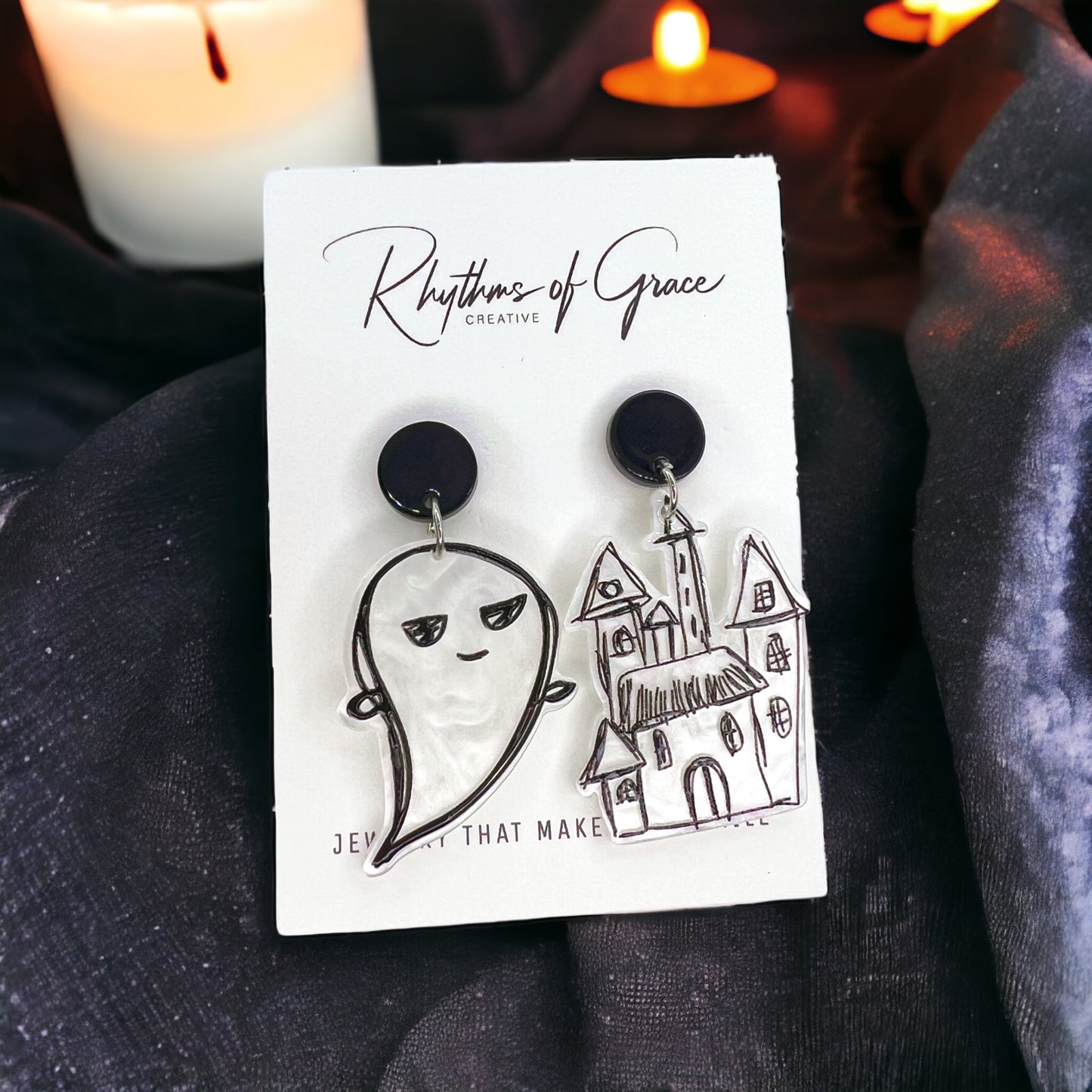 Halloween Earrings - Haunted House, Halloween Accessories , Ghost Earrings, Monster Earrings - Rhythms of Grace Creative