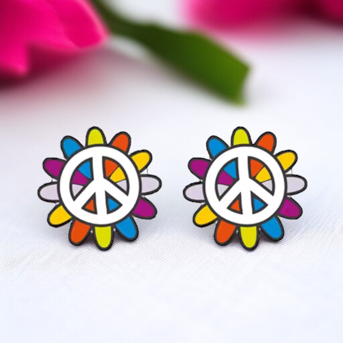 Spread the Love with Rainbow Peace Flower Stud Earrings!