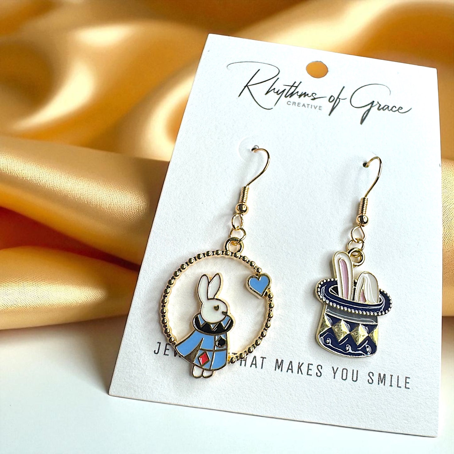 Magical Wonderland Earrings: White Rabbit & Clock Mismatch Dangles