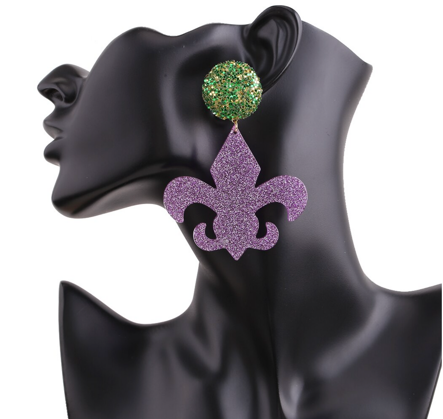 Mardi Gras Oversized Statement Earrings - Glitter Fleur-de-Lis Elegance - Rhythms of Grace Creative
