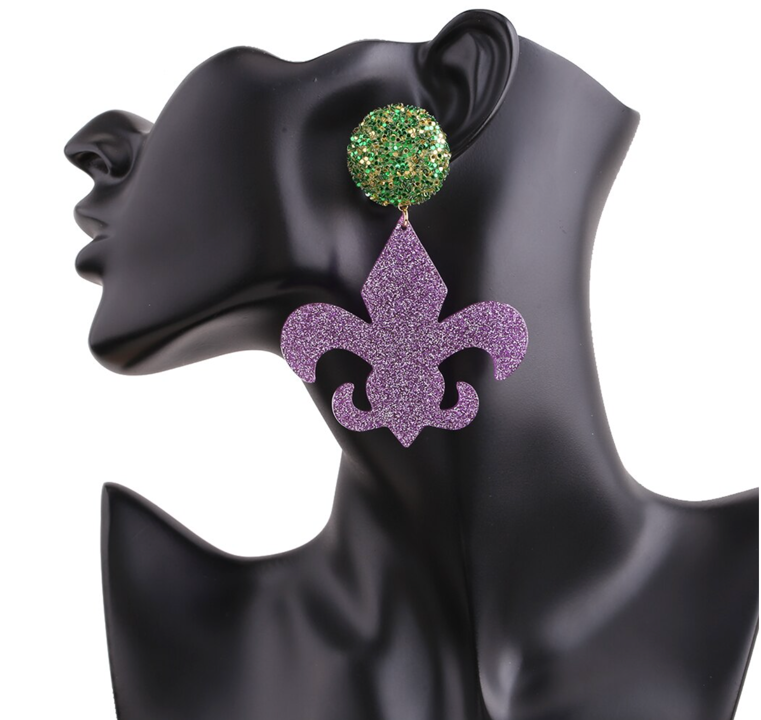 Mardi Gras Oversized Statement Earrings - Glitter Fleur-de-Lis Elegance - Rhythms of Grace Creative
