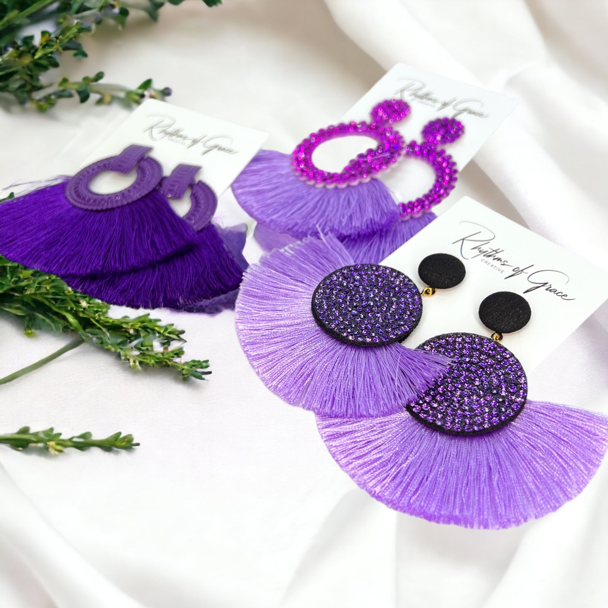 Purple Tassel Earrings - Purple Rhinestones, Rhinestone Accessories, Purple Earrings, Lavender Earrings; Purple Accessories - Rhythms of Grace Creative