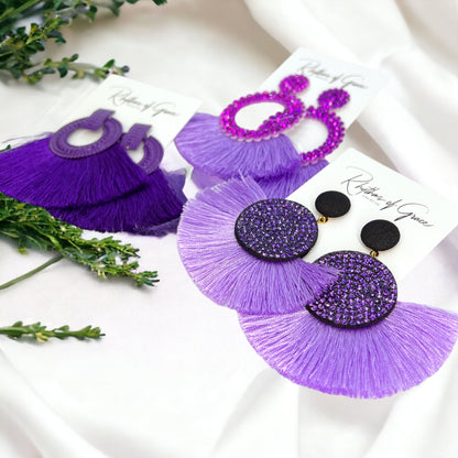 Purple Tassel Earrings - Purple Rhinestones, Rhinestone Accessories, Purple Earrings, Lavender Earrings; Purple Accessories - Rhythms of Grace Creative