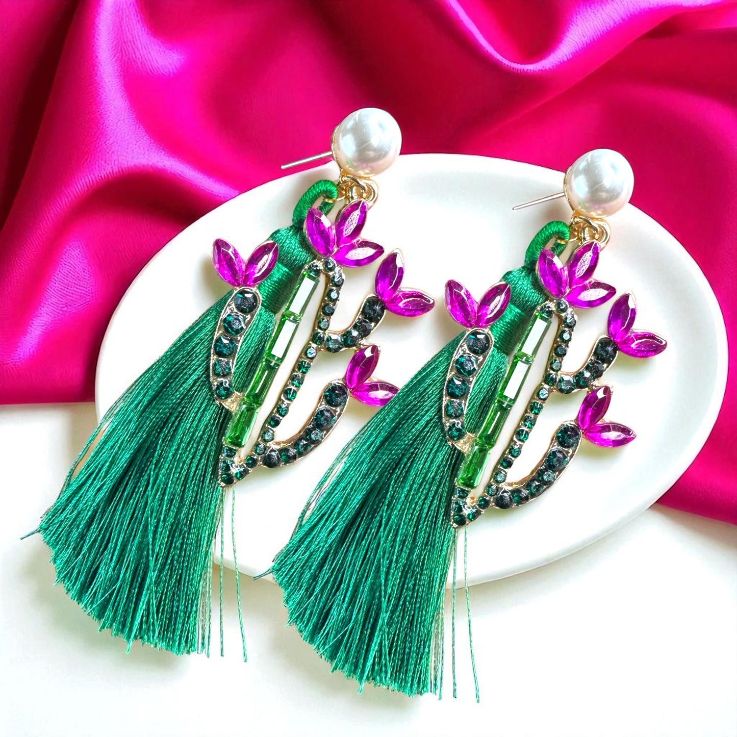 Sparkle in the Desert – Rhinestone Cactus Tassel Earrings 🌵