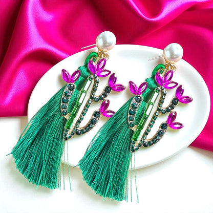 Sparkle in the Desert – Rhinestone Cactus Tassel Earrings 🌵