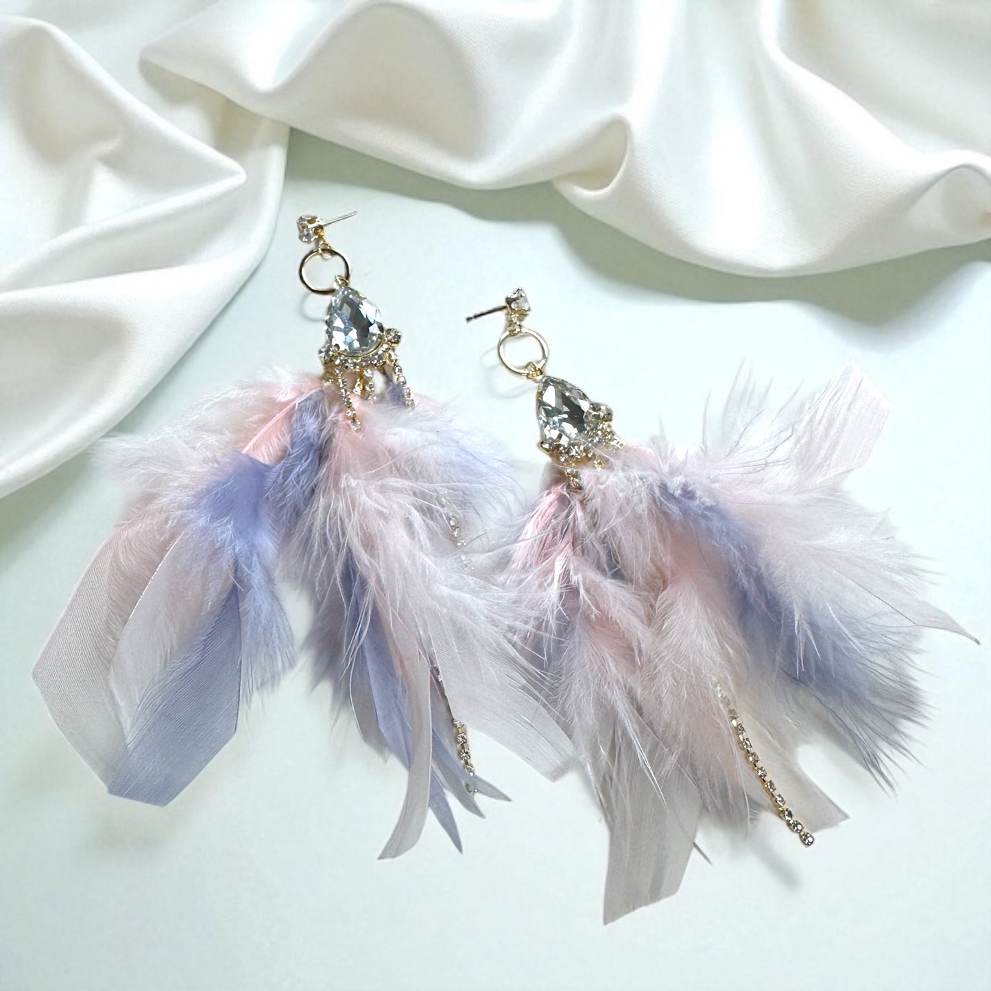 Dreamy Pink & Lavender Feather Earrings – Rhinestone Dangles for Boho Queens