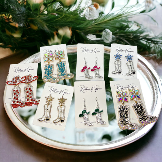 Rhinestone Boots Earrrings - Rodeo Earrings, Bachelorette Earrings, Bachelorette Accessories, Western Style - Rhythms of Grace Creative