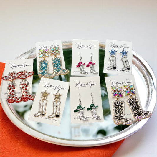Rhinestone Cowgirl Boot Earrings | Western Rodeo Statement Earrings | Bachelorette Cowgirl Accessories