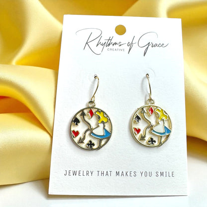 Enchanting Alice in Wonderland Mismatched Dangle Earrings | Whimsical Style & Unique Charm