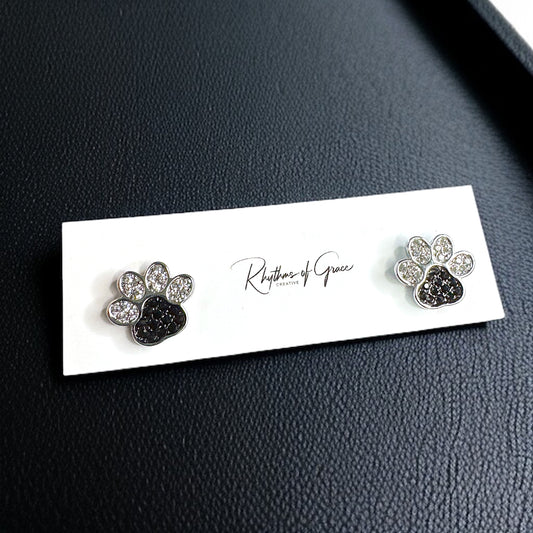 Sparkle & Paws! Silver and Black Rhinestone Paw Print Stud Earrings