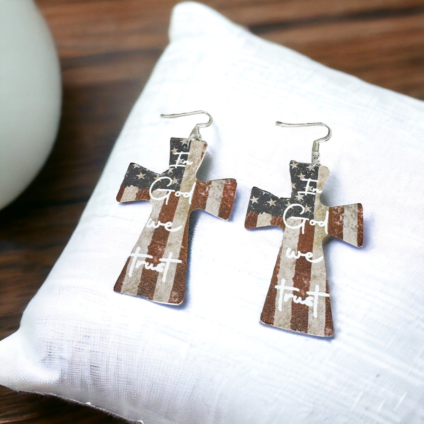 Patriotic "In God We Trust" American Flag Cross Earrings - Unique Faith Design