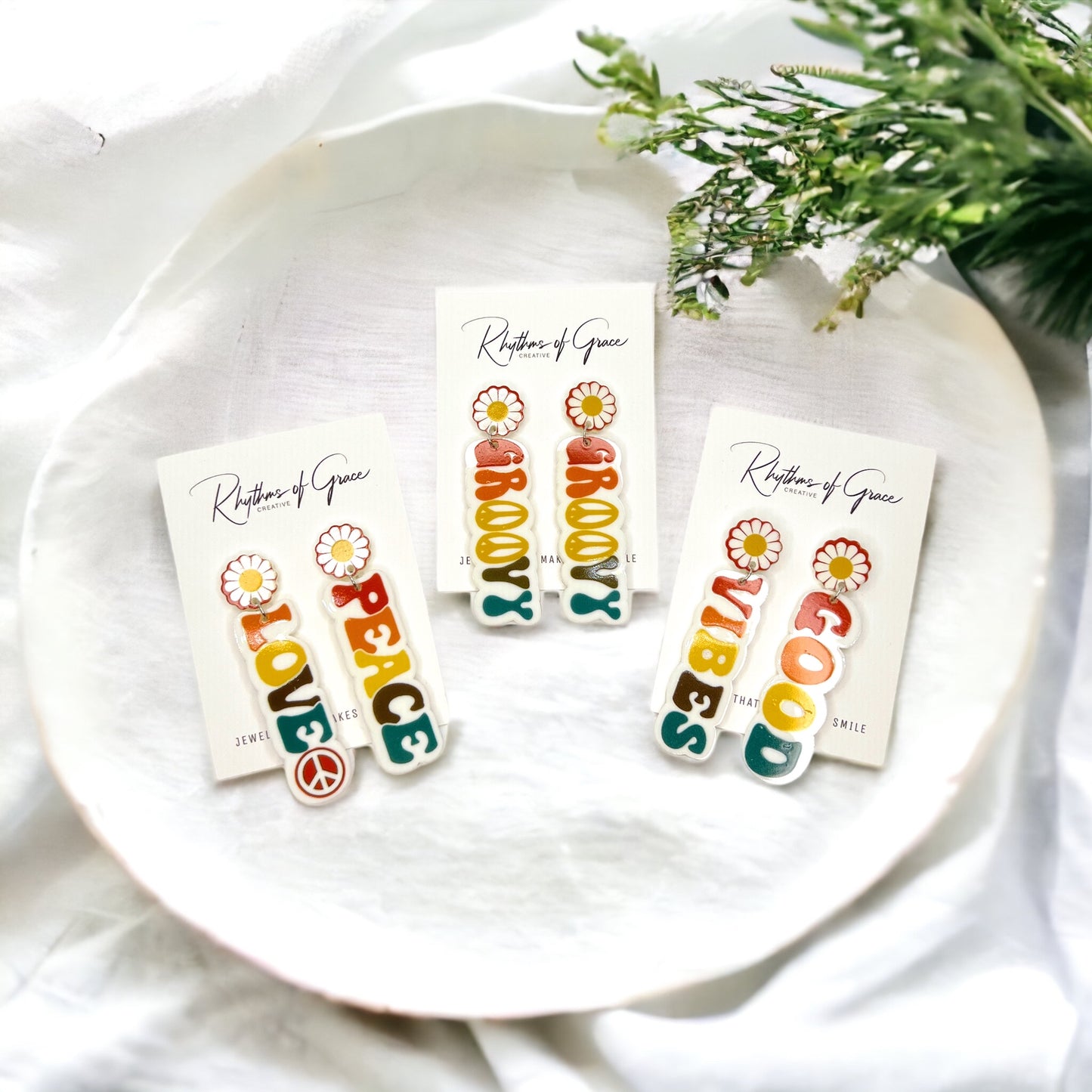 Good Vibes Earrings - Groovy Earrings, Fun Earrings, Peace and Love, Peace Sign, Hippie Earrings - Rhythms of Grace Creative