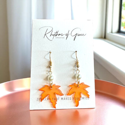 Autumn Enchantment Earrings: Handmade Maple Leaf Drops with Faux Pearls! - Rhythms of Grace Creative