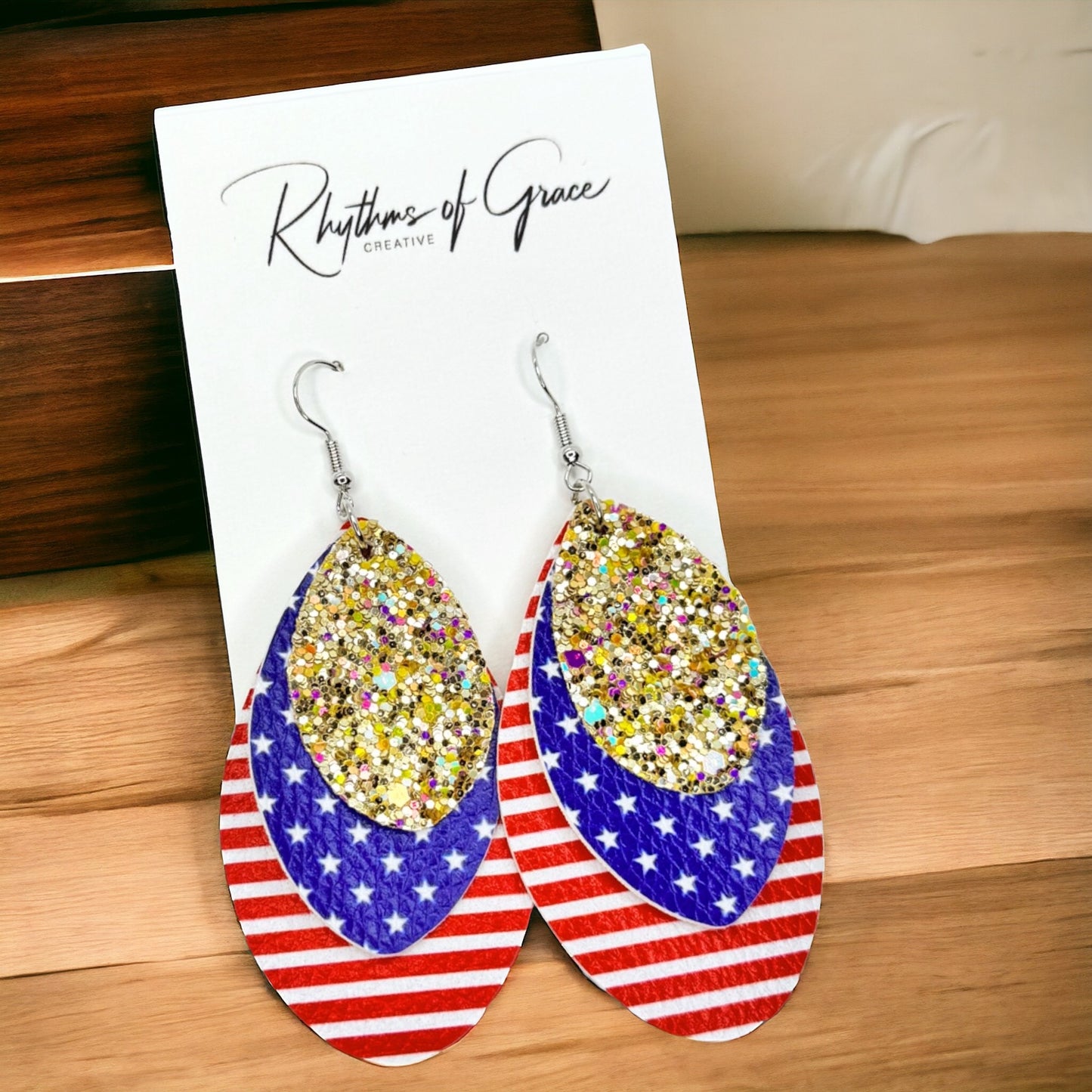 Patriotic Glamour: Red, White & Blue with Gold Glitter Dangle Earrings