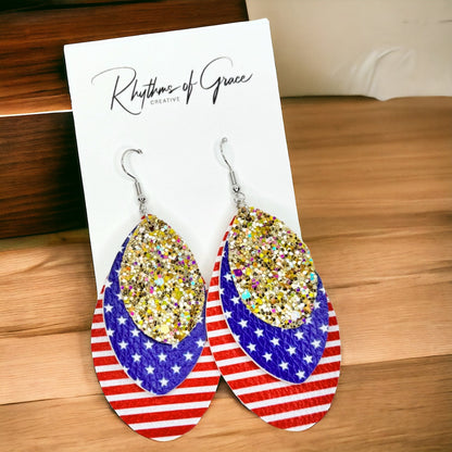 Patriotic Glamour: Red, White & Blue with Gold Glitter Dangle Earrings