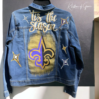 Hand-Painted Jean Jacket:  ‘Tis the Season! | Perfect for LSU & Saints Fans | Fashionable Fitted Cropped Denim