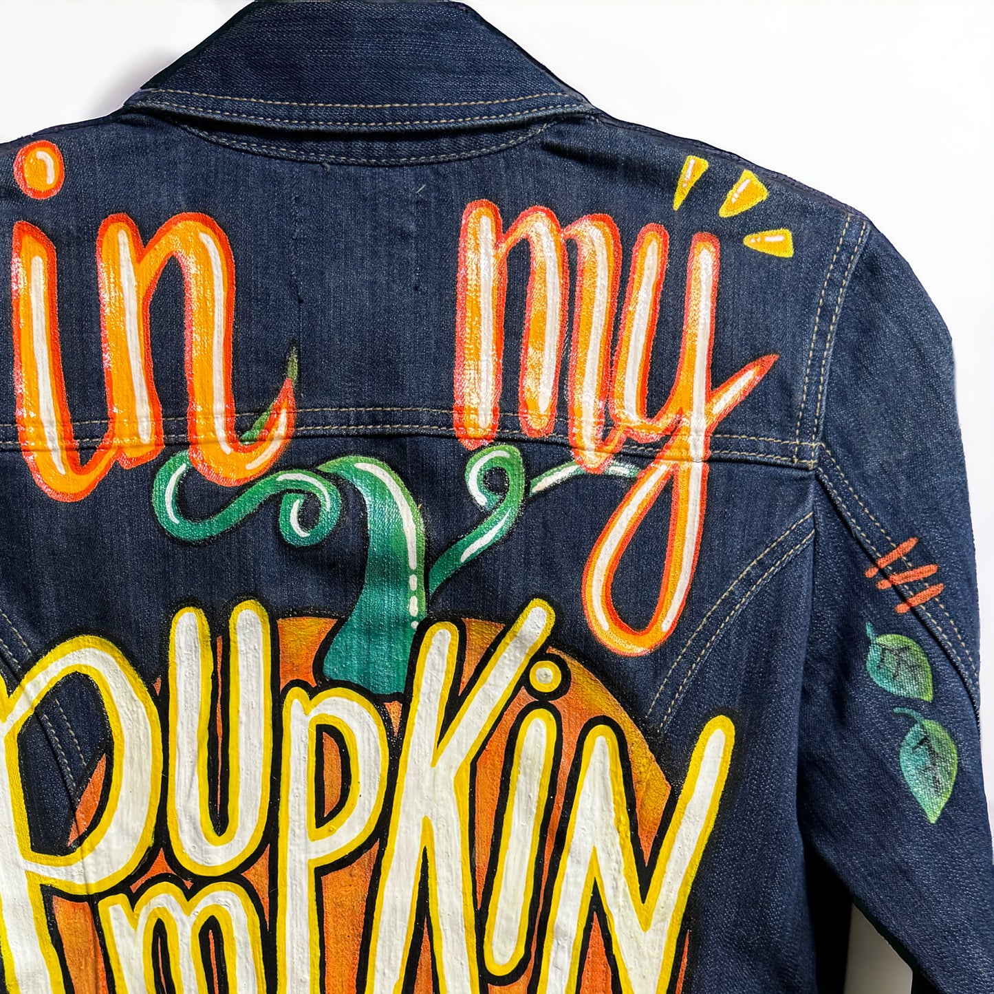 Hand Painted Jean Jacket: “In My Pumpkin Spice Era” I Ladies Size Small