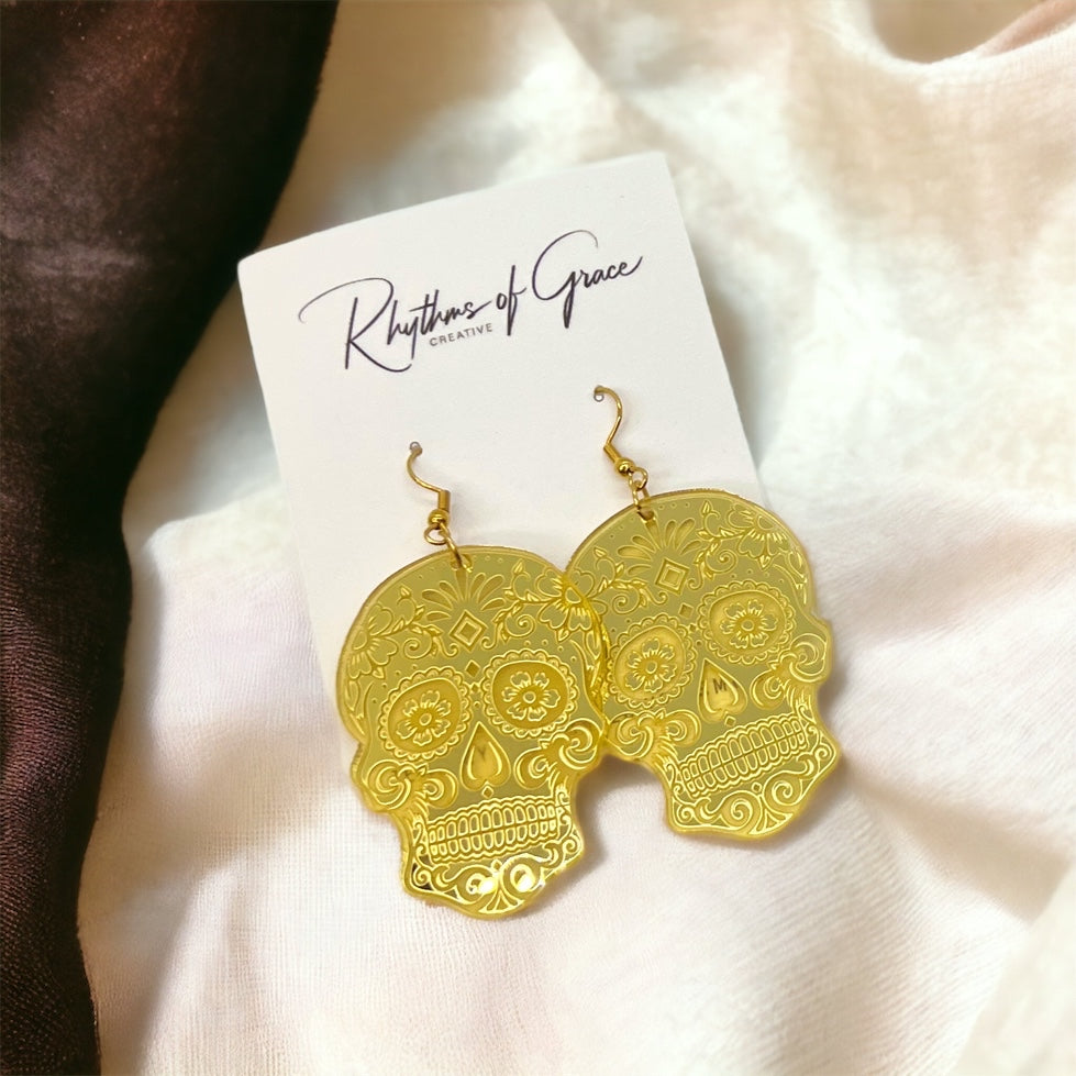 Metallic Skull Earrings - Halloween Earrings, Skeleton Earrings, Halloween Skull, Halloween Earrings, Sugar Skull, Trick or Treat - Rhythms of Grace Creative