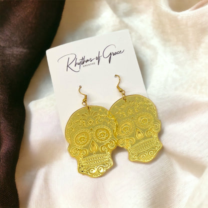 Metallic Skull Earrings - Halloween Earrings, Skeleton Earrings, Halloween Skull, Halloween Earrings, Sugar Skull, Trick or Treat - Rhythms of Grace Creative