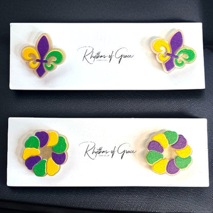 Celebrate in Style: Colorful Mardi Gras Stud Earrings - Fleur de Lis & Kingcake Designs!