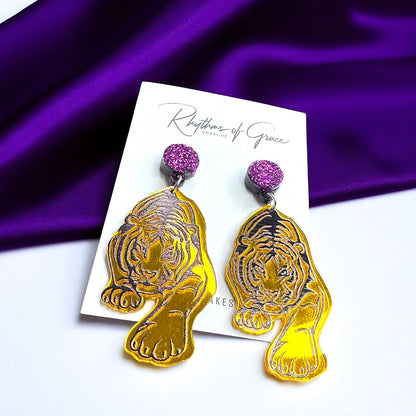 Fierce Tiger Earrings – Mirrored Acrylic Statement Dangles