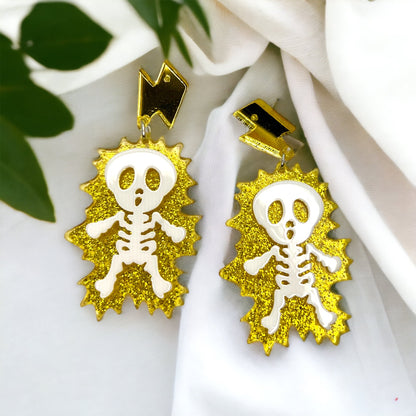 Electrify Your Look: Gold Electrocuted Skeleton Dangle Earrings for a Spook-tacular Style! - Rhythms of Grace Creative