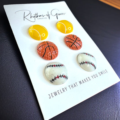 Sporty Sparkle Trio: Baseball, Tennis & Basketball Stud Earrings Set!