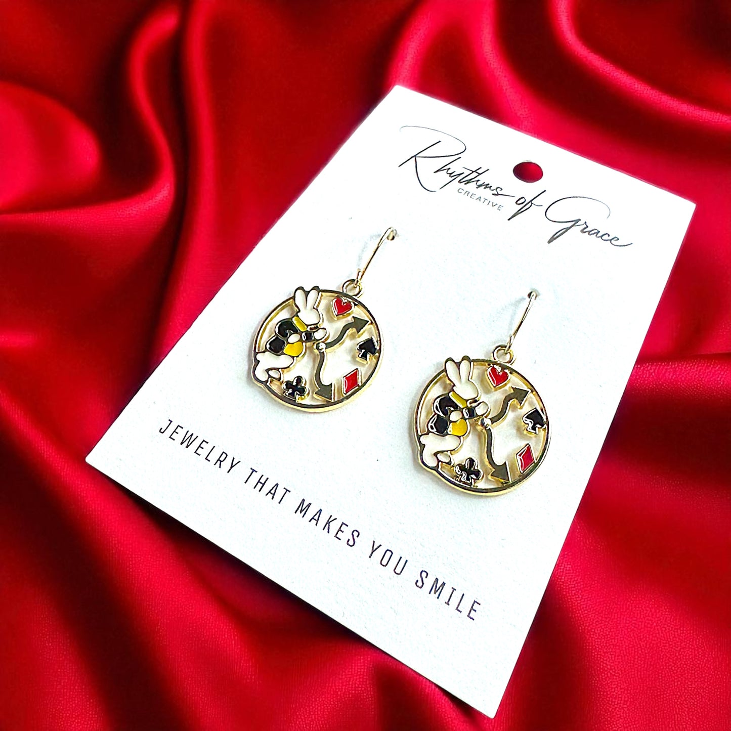 Dive into Wonderland: Enchanting Mismatched Alice Earrings with White Rabbit & Clock Charm!