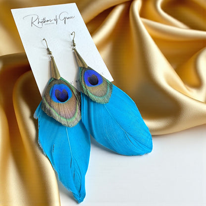 Boho Peacock Feather Dangle Earrings – Layered Turquoise & Natural Feathers, Lightweight Statement Jewelry