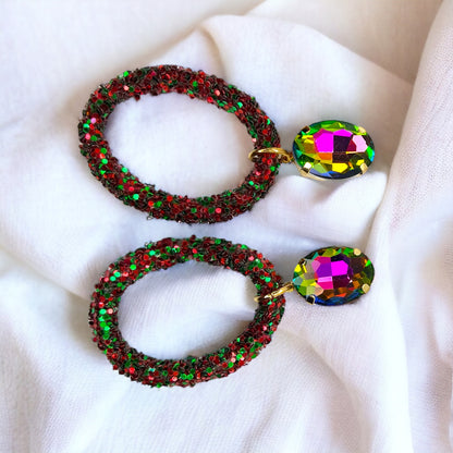 Glitter Christmas Earrings - Christmas Jewelry, Handmade Earrings, Red and Green Earrings, Christmas Earrings, Red Rhinestones, Green Jewels - Rhythms of Grace Creative