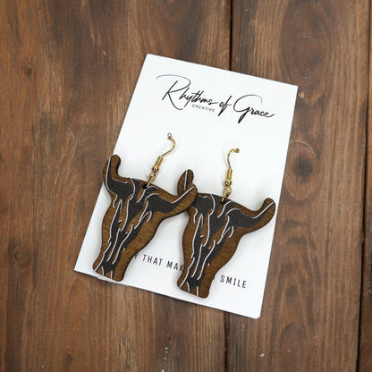 Western Chic: Brown & Black Longhorn Dangle Earrings - Boho Jewelry Statement Piece