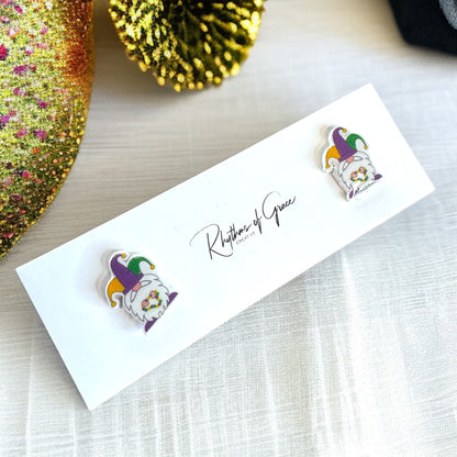 Celebrate Mardi Gras in Style with Gnome Stud Earrings!