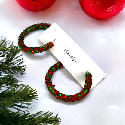 Sparkling Christmas Hoop Earrings: Dazzle in Red & White! ✨