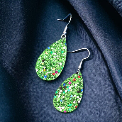 Sparkle & Shine: Green Glitter Teardrop Dangle Earrings ✨