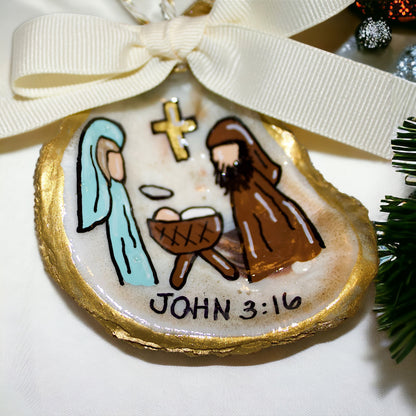 Hand-Painted Oyster Shell Christmas Ornament: "John 3:16"