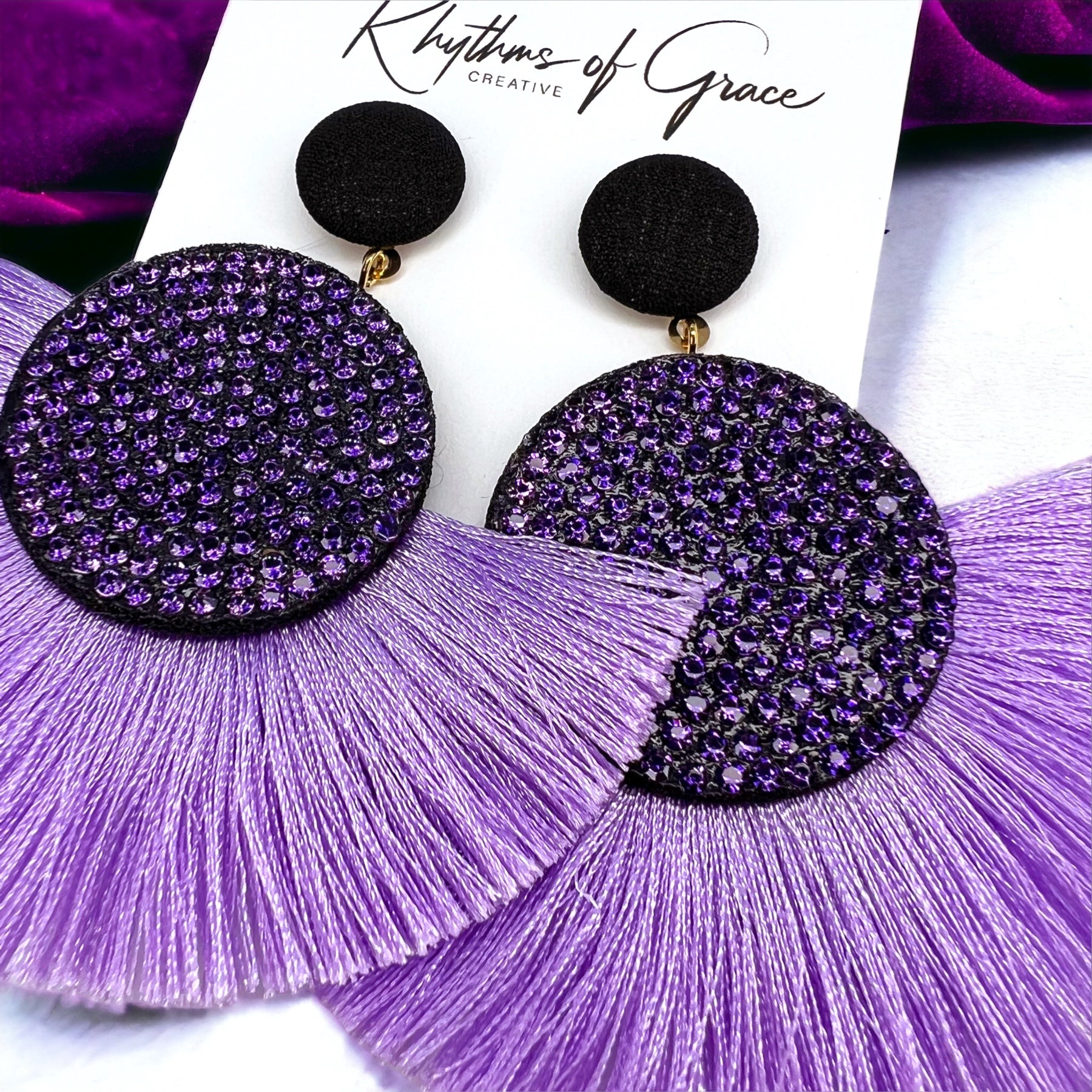 Purple Tassel Earrings - Purple Rhinestones, Rhinestone Accessories, Purple Earrings, Lavender Earrings; Purple Accessories - Rhythms of Grace Creative