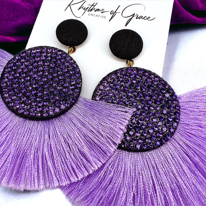 Purple Tassel Earrings - Purple Rhinestones, Rhinestone Accessories, Purple Earrings, Lavender Earrings; Purple Accessories - Rhythms of Grace Creative