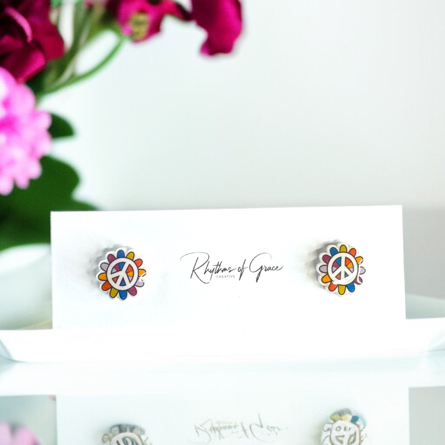 Spread the Love with Rainbow Peace Flower Stud Earrings!