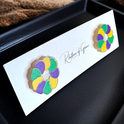 Celebrate in Style: Colorful Mardi Gras Stud Earrings - Fleur de Lis & Kingcake Designs!