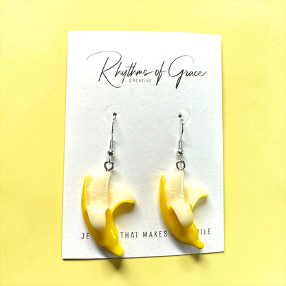 Peeled Banana Dangle Earrings | Savannah Bananas Inspired Jewelry | Fun Acrylic Statement Earrings | Lightweight Fruit Earrings