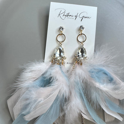Dreamy Pink & Blue Feather Earrings – Rhinestone Dangles for Boho Queens