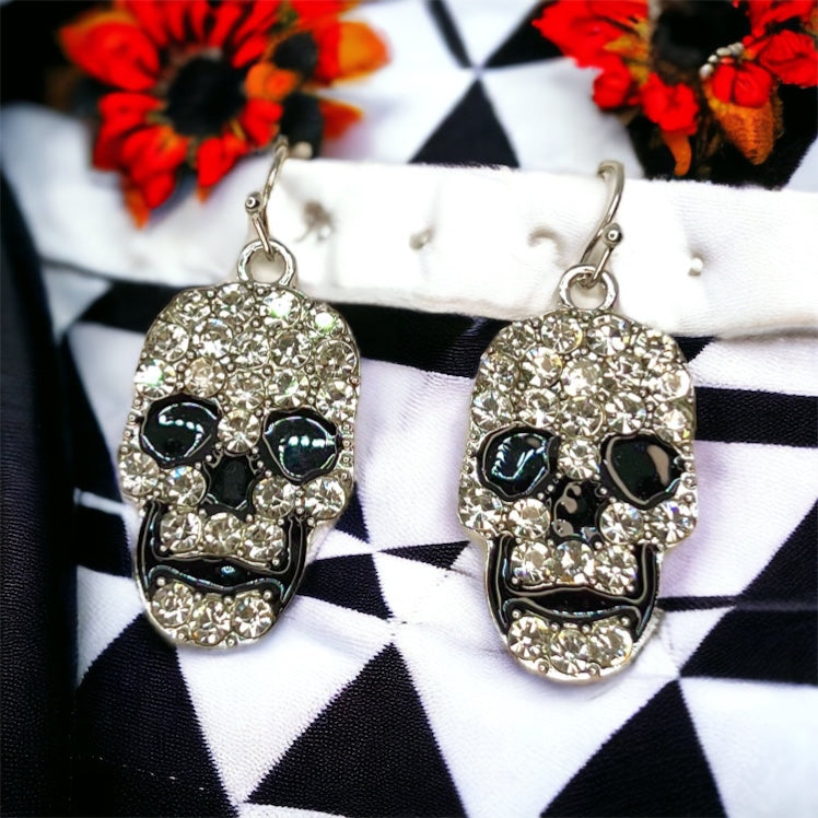 Rhinestone Skull Earrings - Halloween Jewelry, Halloween Accessories, Trick or Treat, Halloween Costume - Rhythms of Grace Creative