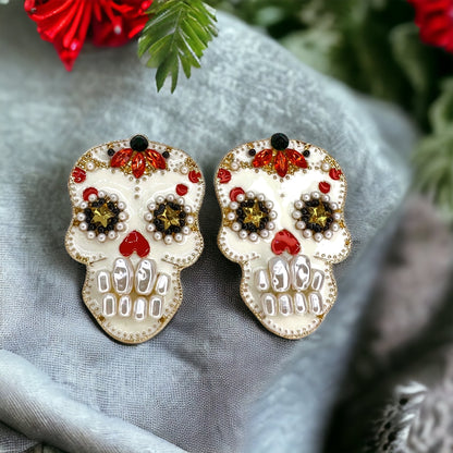 Sugar Skull Earrings - Halloween Earrings, Rhinestone Skull, Halloween Teacher, Jeweled Halloween, Skeleton Earrings - Rhythms of Grace Creative